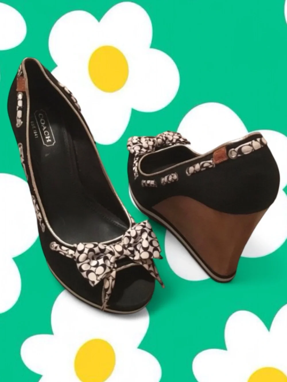 Coach Thalia Wood Platform Wedge Peep-Toe Pumps with Bow 10 - Picture 4 of 4